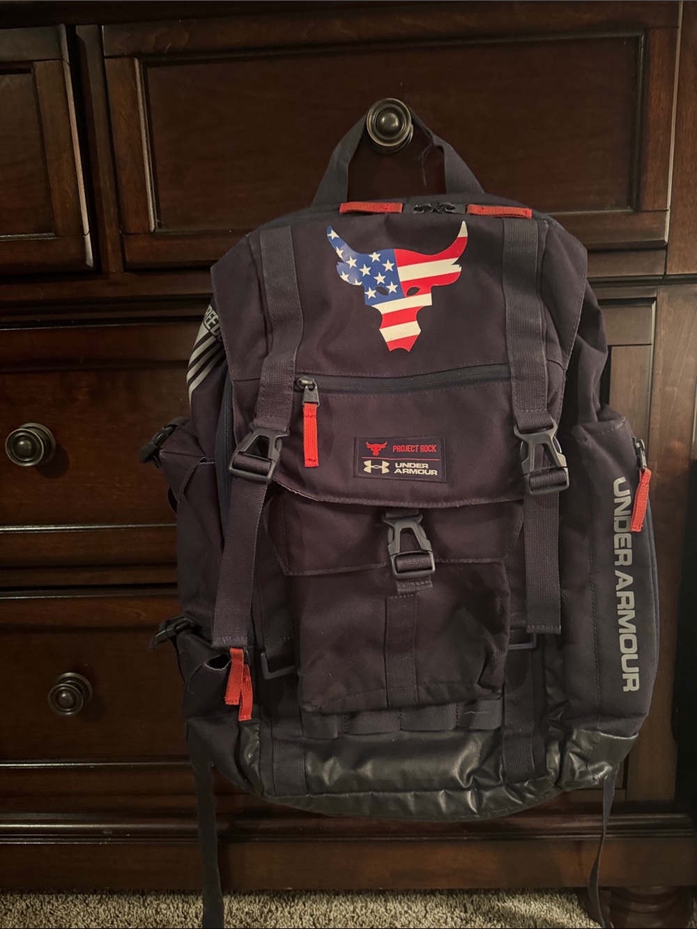 Under Armour Project Rock Navy Blue Backpack with USA Bull Logo